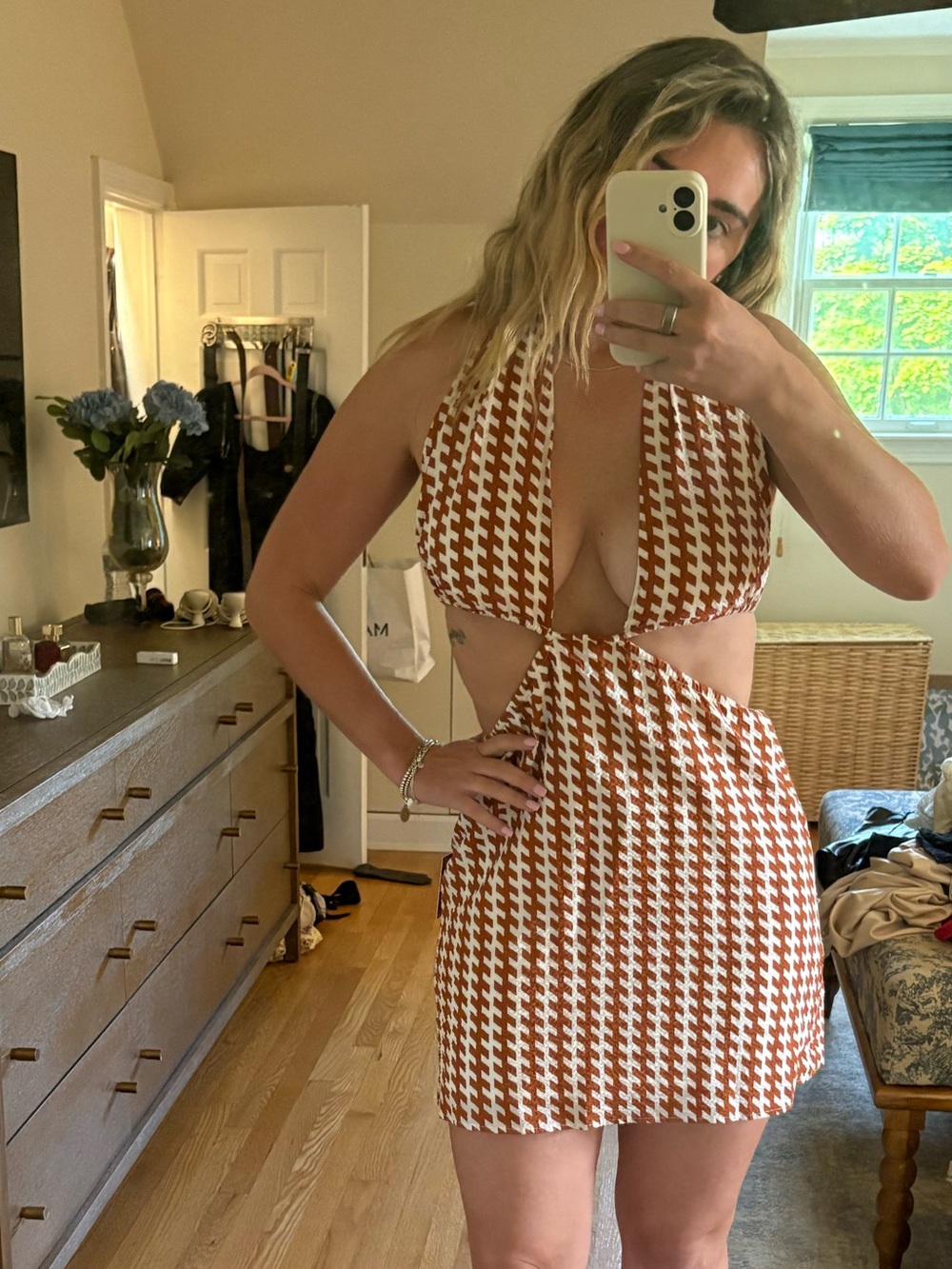 Houndstooth Cutout Halter Mini Dress in Rust and White